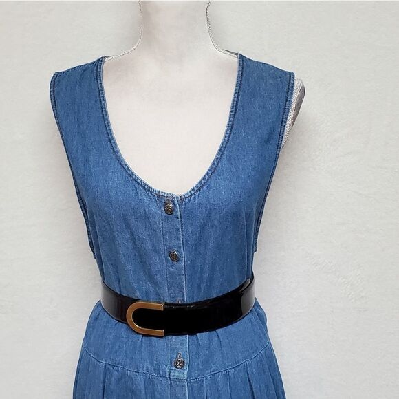 VINTAGE 1970s Talbots Mid Wash Oversized Button Up Belted Bow Denim Dress Medium - Picture 6 of 15